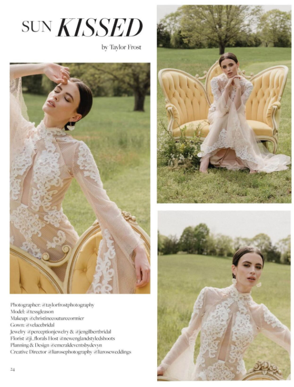 woman wearing a lace bridal gown posing on a yellow velvet ornate sofa in a green grassed garden. Wearing white floral bridal earrings